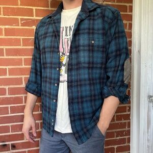 Men’s Vintage Pendleton Teal & Navy Plaid Trail Shirt - 100% Virgin Wool